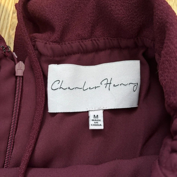 Charles Henry | Burgundy Wide Leg Ruffle Tie Up Halter Jumpsuit with Zipper Back - Picture 5 of 9